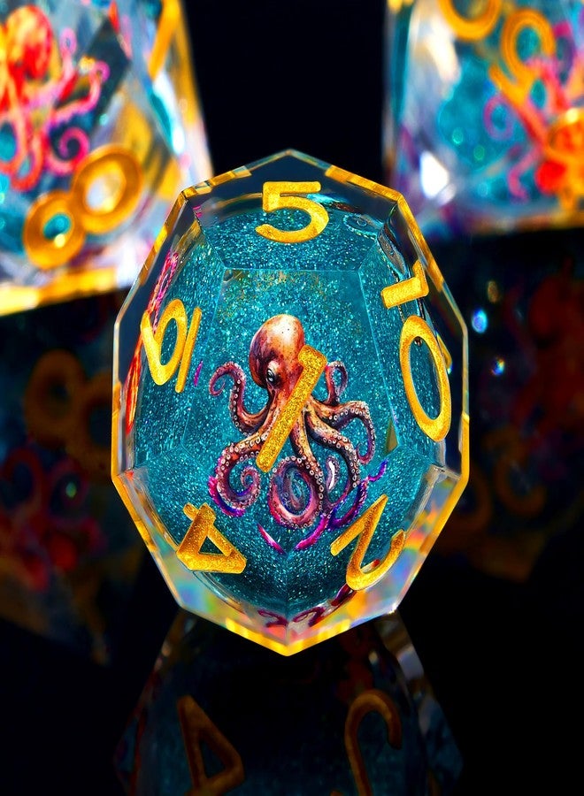 Froggod Octopus Liquid Core DND Dice Set, 7Pcs Sharp Edge D&D Dice with Gift Box, for Dungeons and Dragons RPG MTG D and D Role Playing - Blue Resin - Image 3
